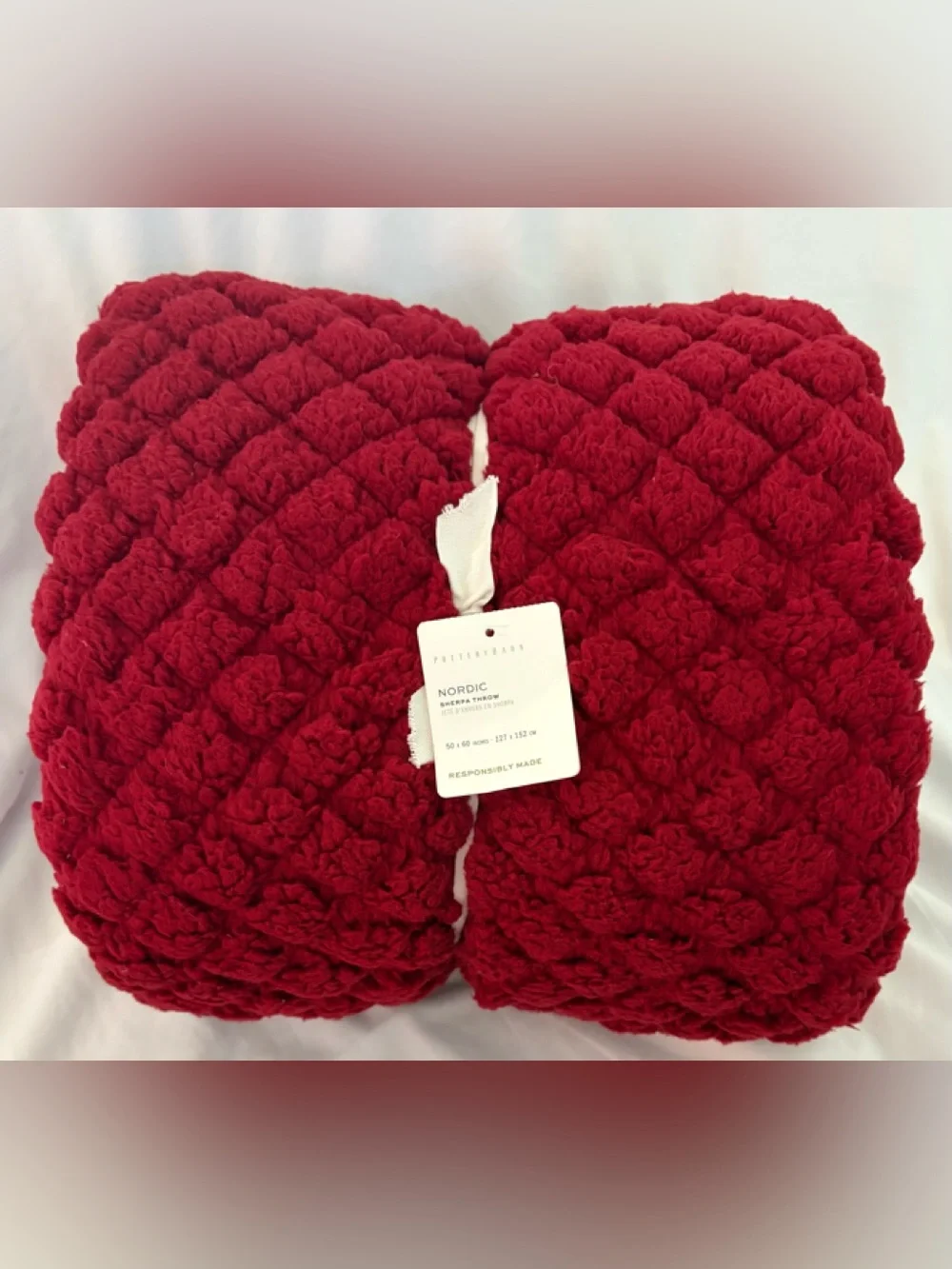 POTTERY BARN RED NORDIC SHERPA THROW BLANKET 50 X 60 NEW NWT